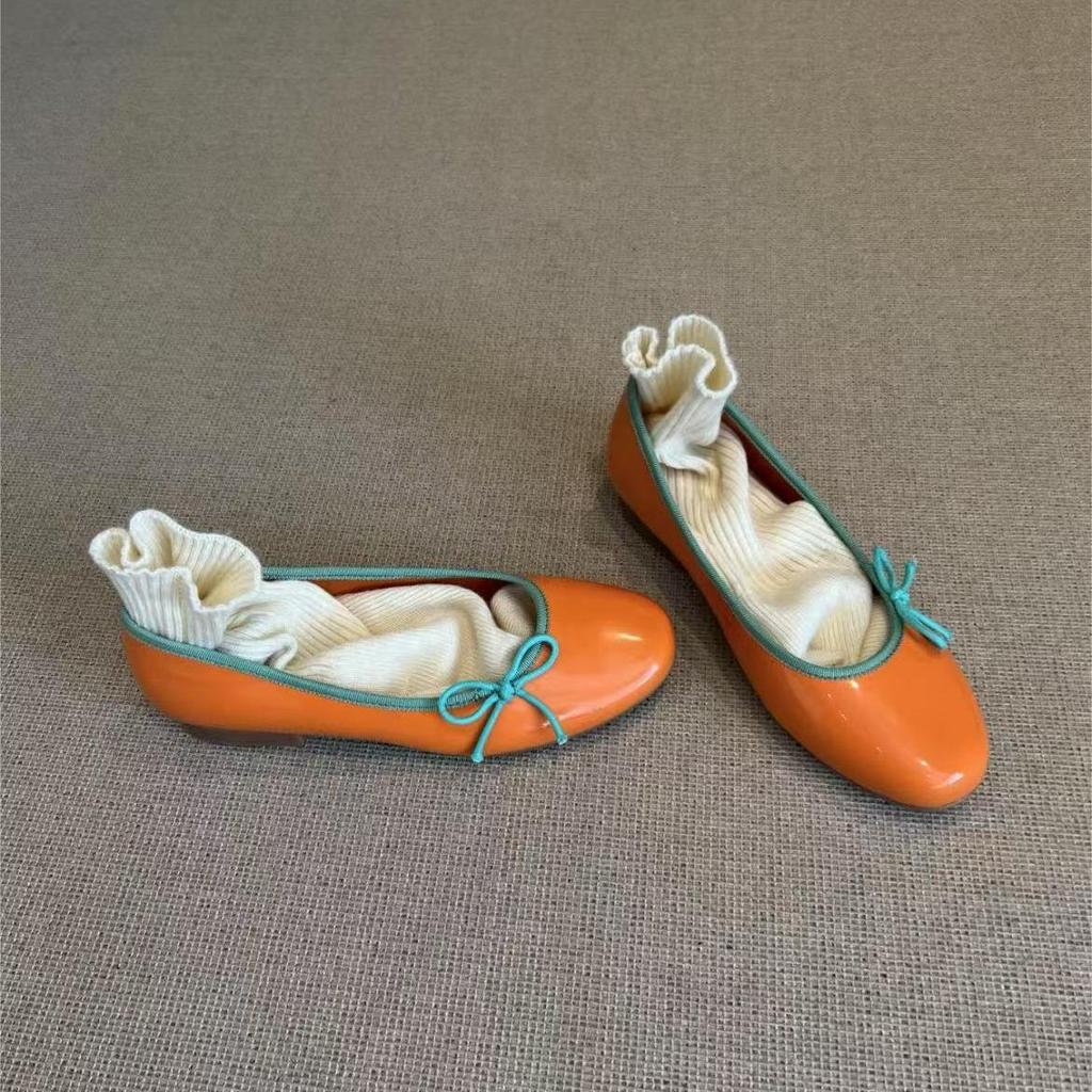 Sheepskin version~ French bow silver ballet shoes women's one-pedal grandma shoes round head light mouth flat-soled single shoes women