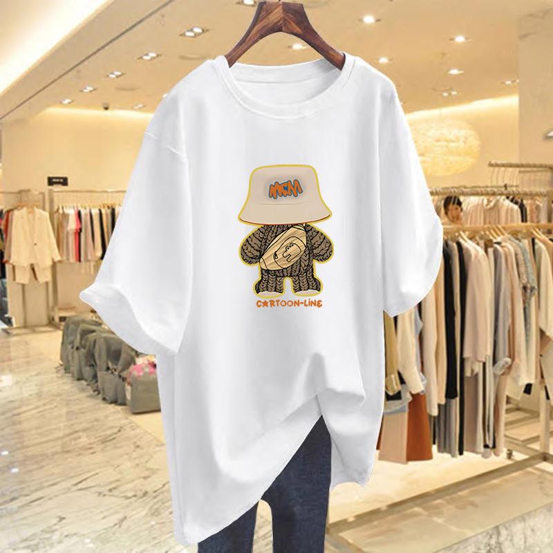 

2025 new cotton large size t-shirt short sleeve large size summer dress thin medium and long loose printed top women S
