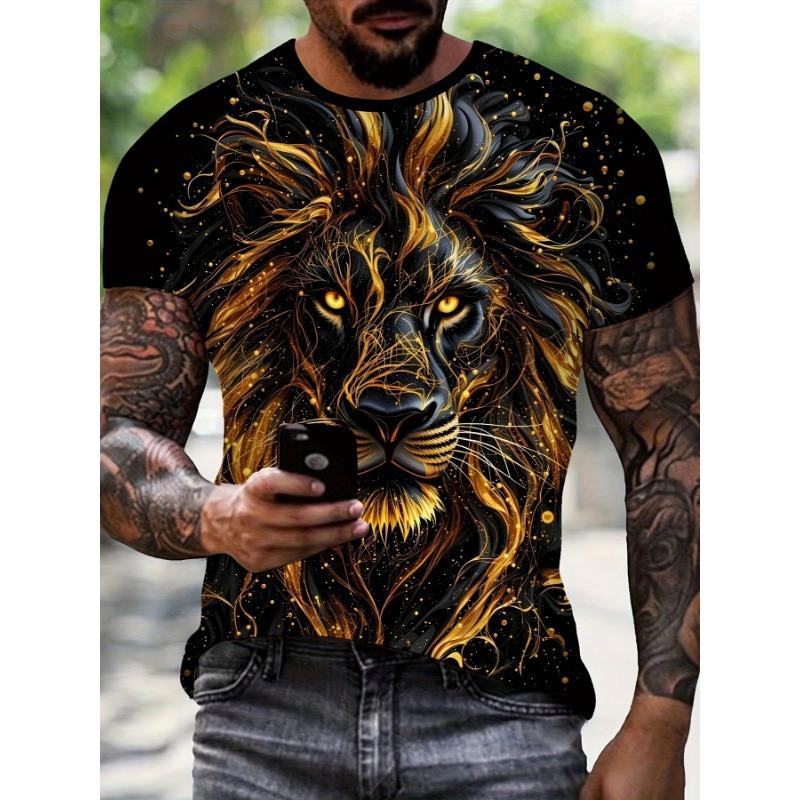 

Men s Plus Size 3D Lion Pattern T-Shirt - Bold Black & Golden Animal Printed Short Sleeve Crew Neck Shirt, S