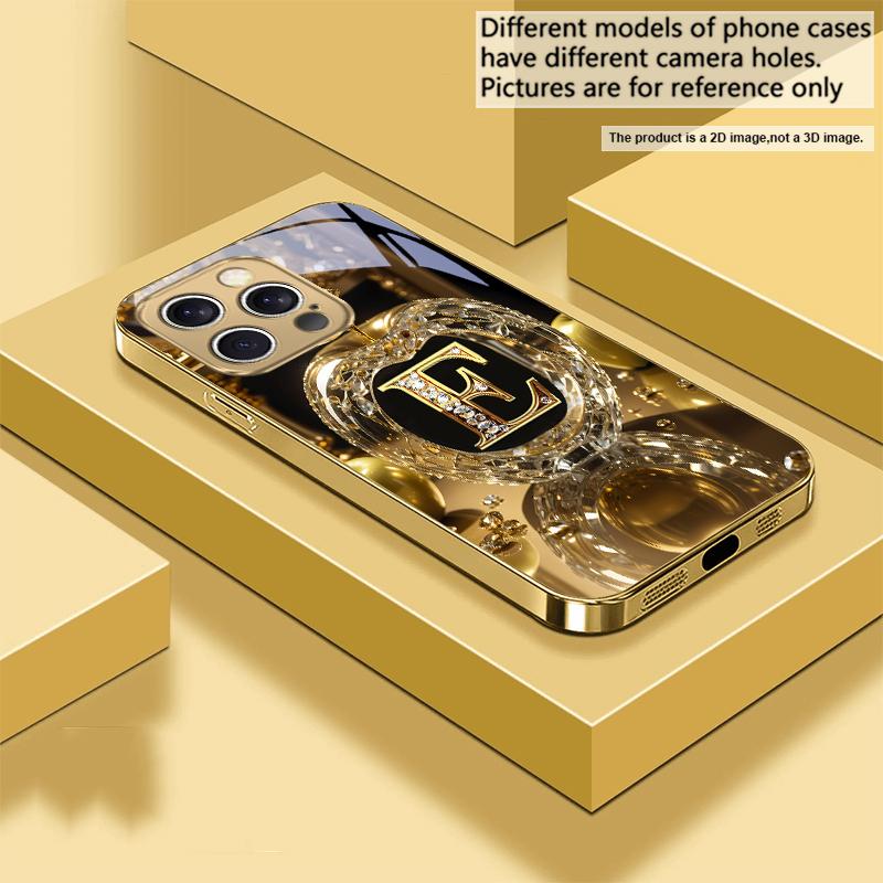High end golden letter 'F' For IPhone 16 17Pro Max 15 P ro 14 13 Plus 12 Mini 11Pro Max XR 16E 17 Air Golden glass phone case