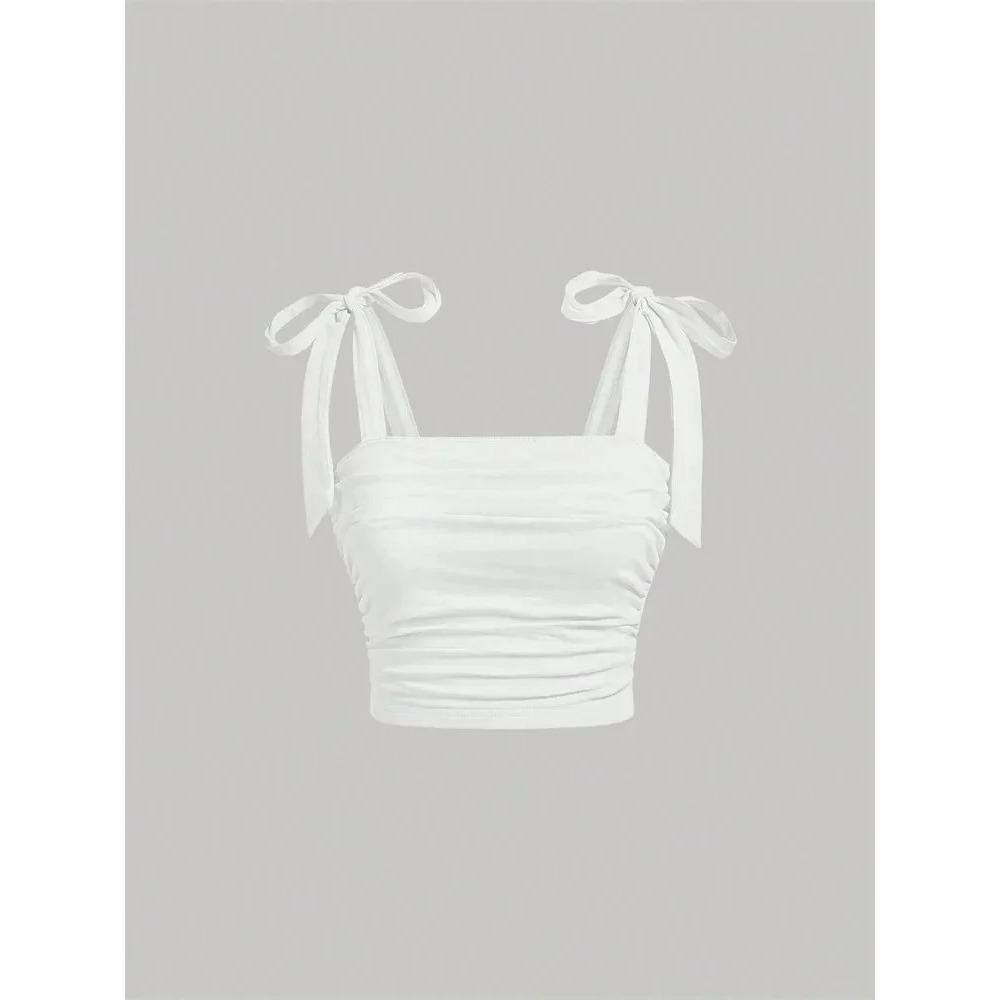 

Однотонный кроп-топ на бретелях с рюшами и широкими лямками, облегающий, для женщин, одежда Y2K, розовый топ-ками с открытой спиной, уличная одежда S белый