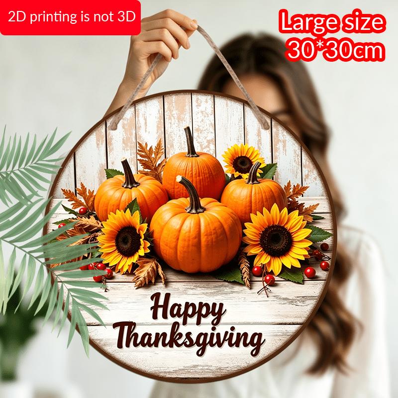 2D Flat, 1pc Round Aluminum Hanging Sign, Round Design with The Words 'Happy Thanksgiving' Along with a Pattern of Pumpkins And Sunflowers, Fall