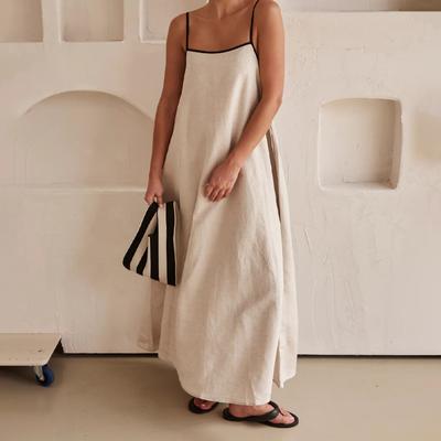 Fashion Contrasting Color Cotton Camisole Dress Spring and Summer Women Simple Loose Ventilate Large Hem Vacation Leisure Dress