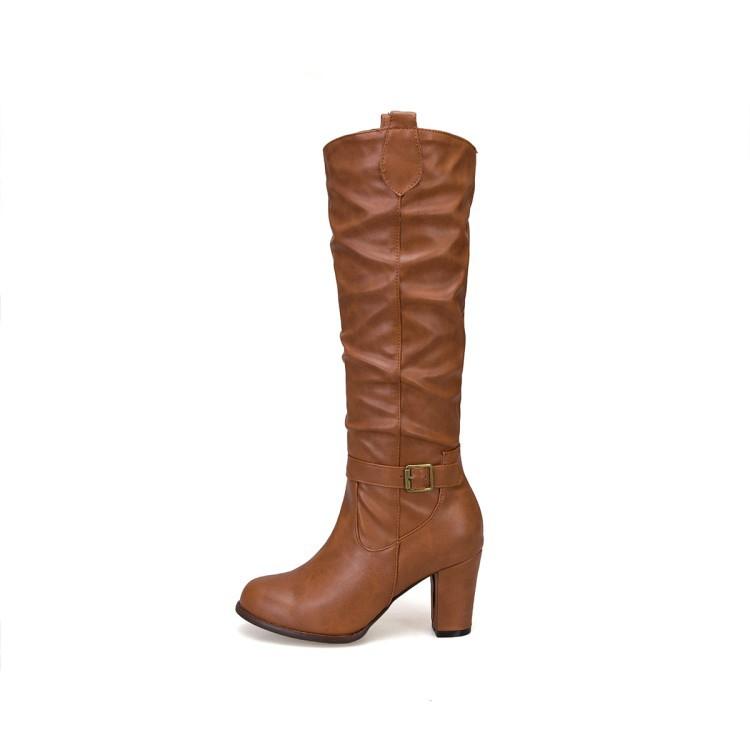 Módní boty nadměrné velikosti 34-43 Boty na vysokém podpatku Dámské černé boty Dámské přezkové plisované Pu kůže Blokový podpatek Dlouhé jezdecké boty Dámské