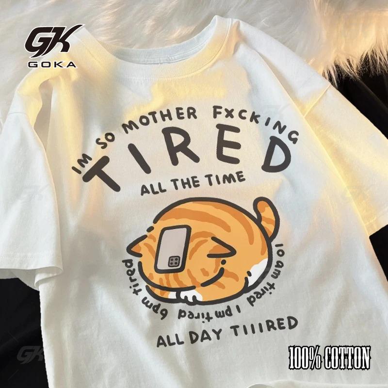 

Tired Head Hugging Cat Original Ins Japanese Loose T-shirt Unisex Orange Cat Tired Short Sleeve Pure Cotton Trend Tees Couple S
