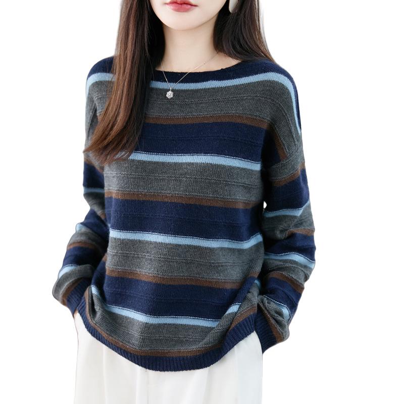 Women's Autumn/Winter Color Block Striped Knit Cardigan - Loose, Versatile, Age-Reducing Base Layer