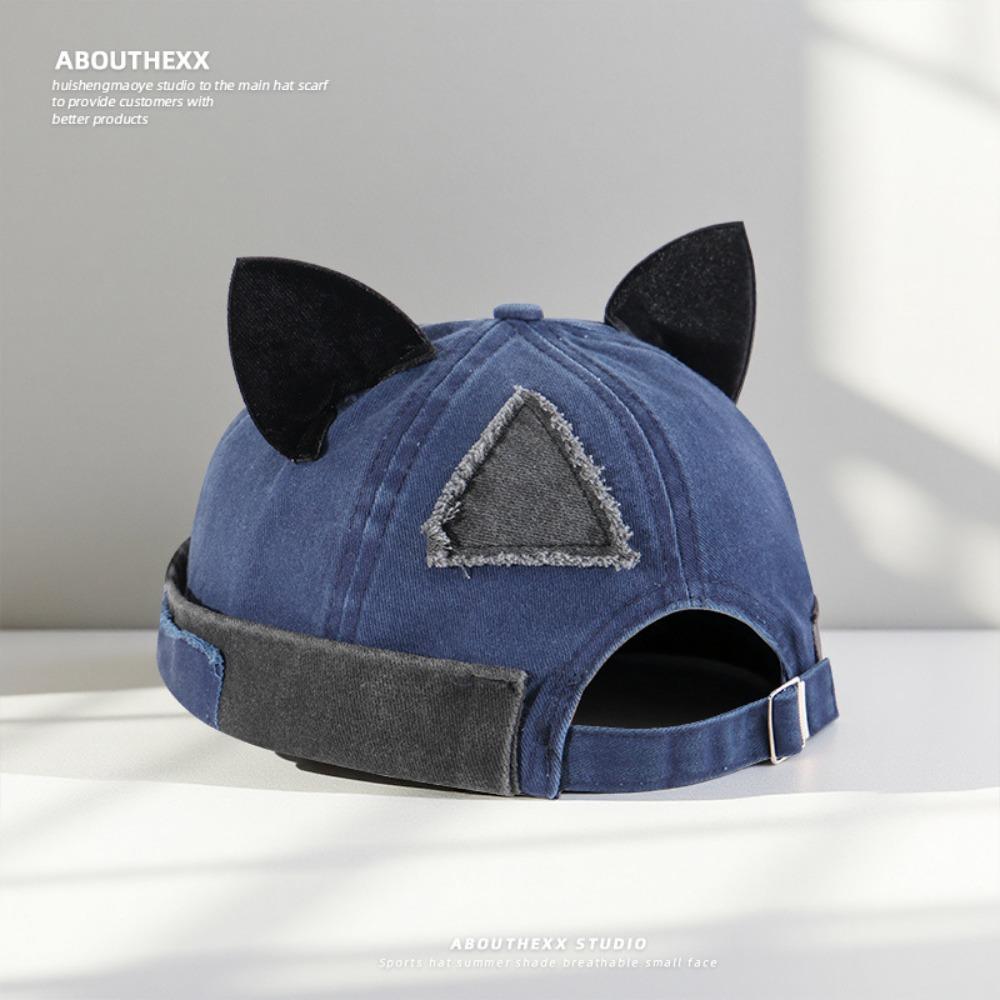 Unisex Cotton Cat Ears Brimless Hat Breathable Washed Old Beanie Hat Solid Color Beanie Cap