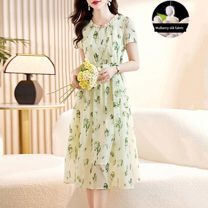 

Ханчжоуское шелковое платье 2024 Новое поступление Женское летнее шелковое платье-миди класса люкс Изысканное всемирно известное Rice bottom green flower 2XL