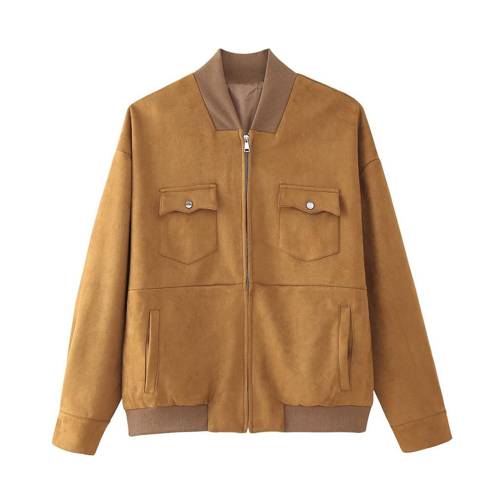 2 Cross-border women's wholesale stand-up collar pocket trim suede retro style jacket jacket