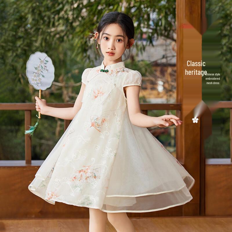 ASK JUNIOR Girls' Chinese Style Embroidered Mesh Princess Dress