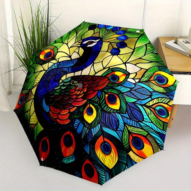 1pc Peacock StainedGlass Compact Travel Umbrella, Automatic Folding Lightweight Windproof 8-Bone Reinforced Design,012141