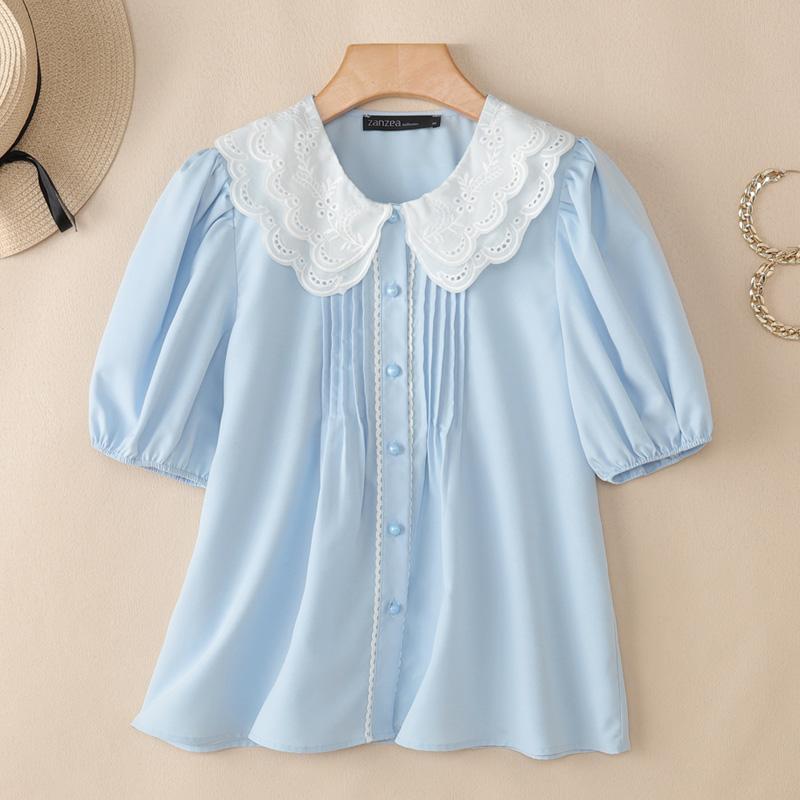 

ZANZEA Женская повседневная летняя блузка с короткими рукавами и кукольным воротником M синий