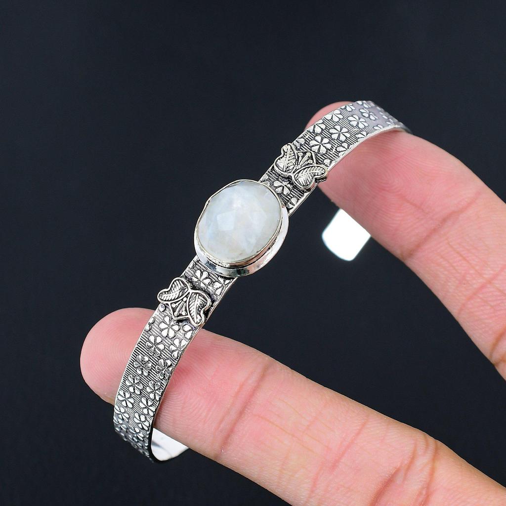 925 Sterling Silver Rainbow Moonstone Stone Mother Ethnic Wedding Bangle Jewelry
