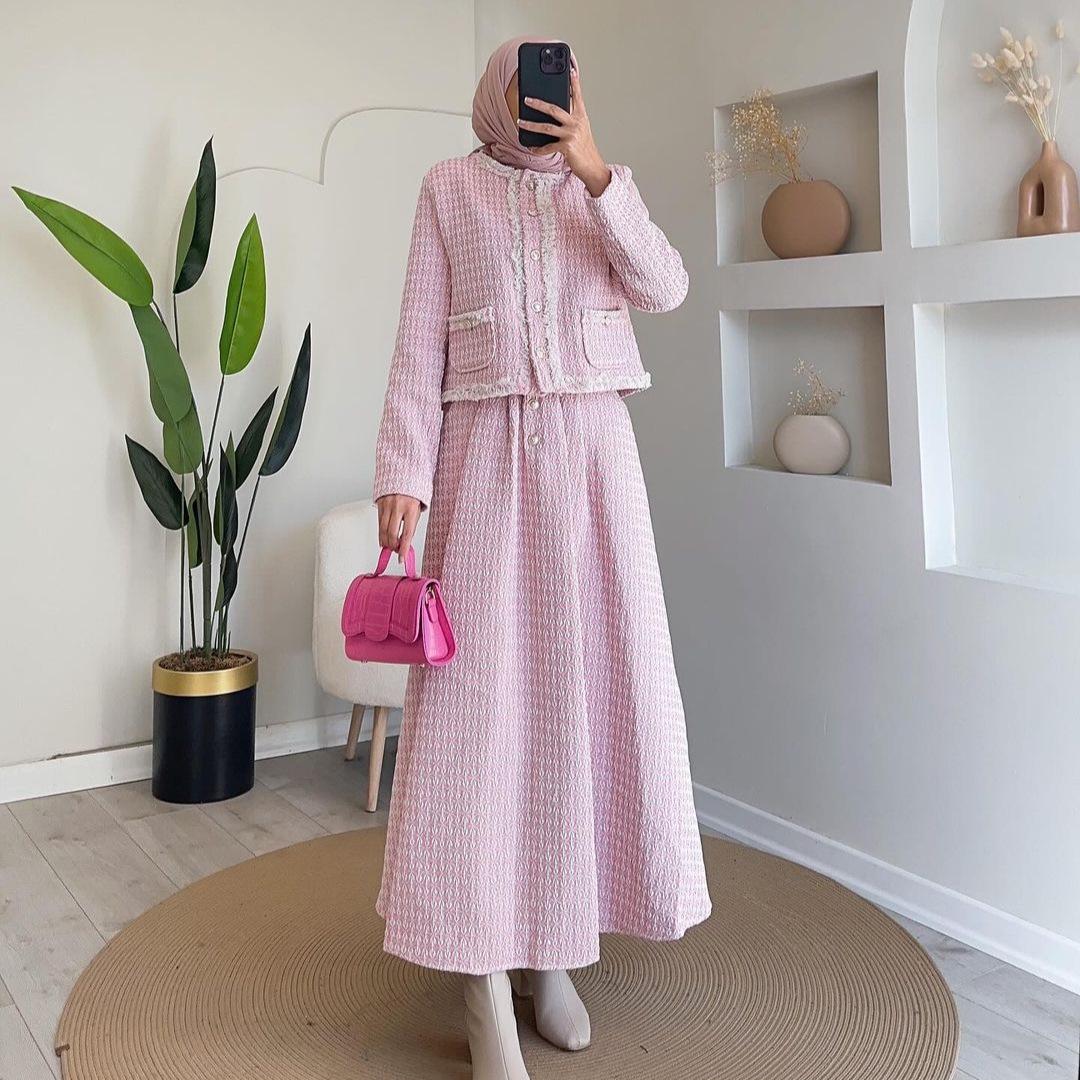 

2024 Осень/Зима Приталенный костюм-двойка в гусиную лапку: Топ и юбка в стиле «Маленькая ароматная» L розовый