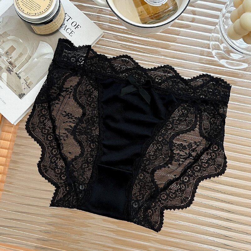 Pure Desire Lace Panties for Women Summer Thin Sexy Bow Satin Breathable Girl High Slit Low Waist Briefs
