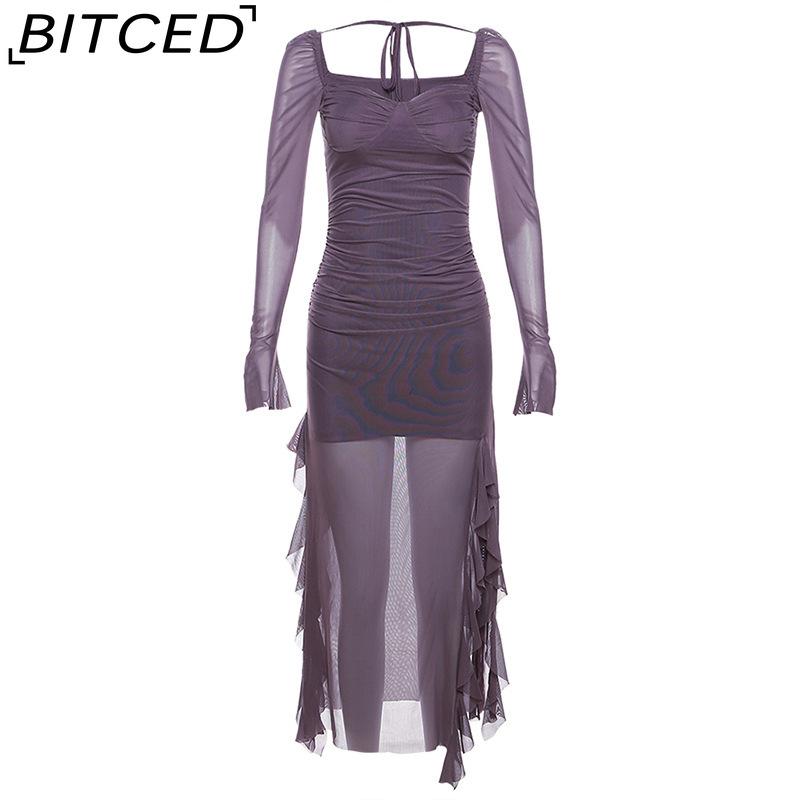 BITCED Autumn Women s Solid-Colour Slim-Fit High-Waisted Fashion Square-Neck Long-Sleeved Mesh Dress S