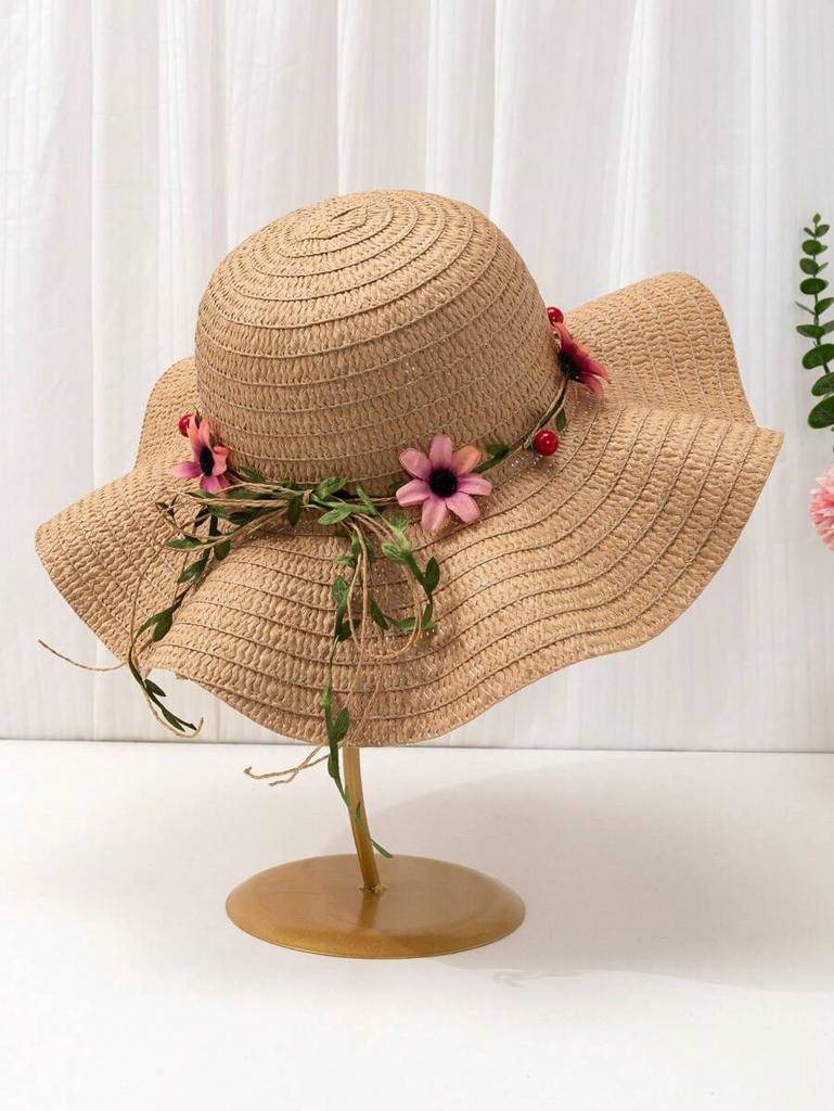 Women Summer White Straw Sun Hat With Polka Dot Bow Beach Travel UV Protection