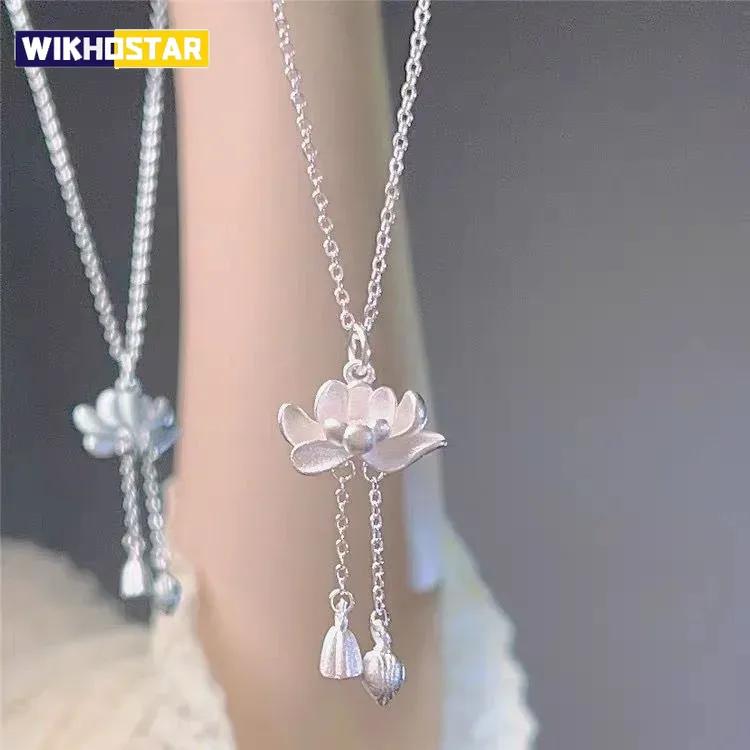 Lotus Tassel Necklace Women's New Popular Good Luck Lotus Pendant Chinese Style Elegant Flower Necklaces Jewelry Accessories