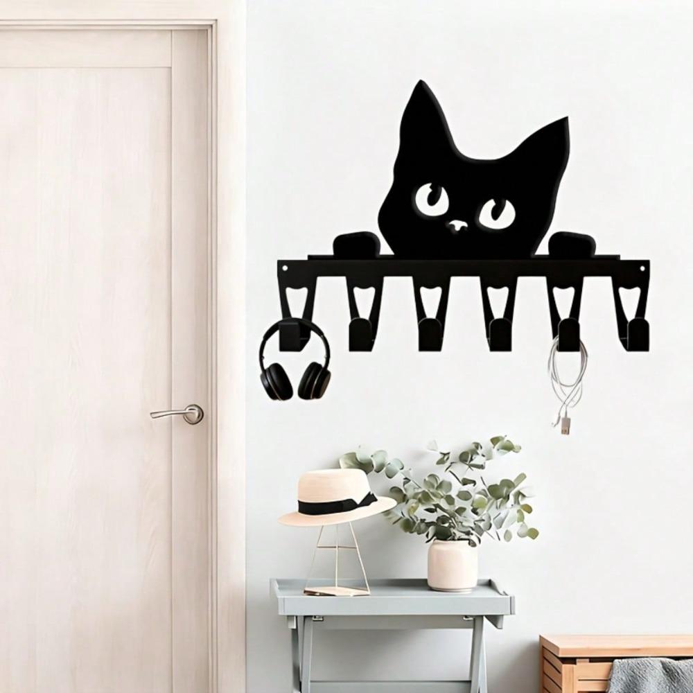 Black Cat Shaped Wall Key Holder with 6 Hooks Minimalist Iron Key Rack Pet Lover Gift Christmas Halloween Home Decor