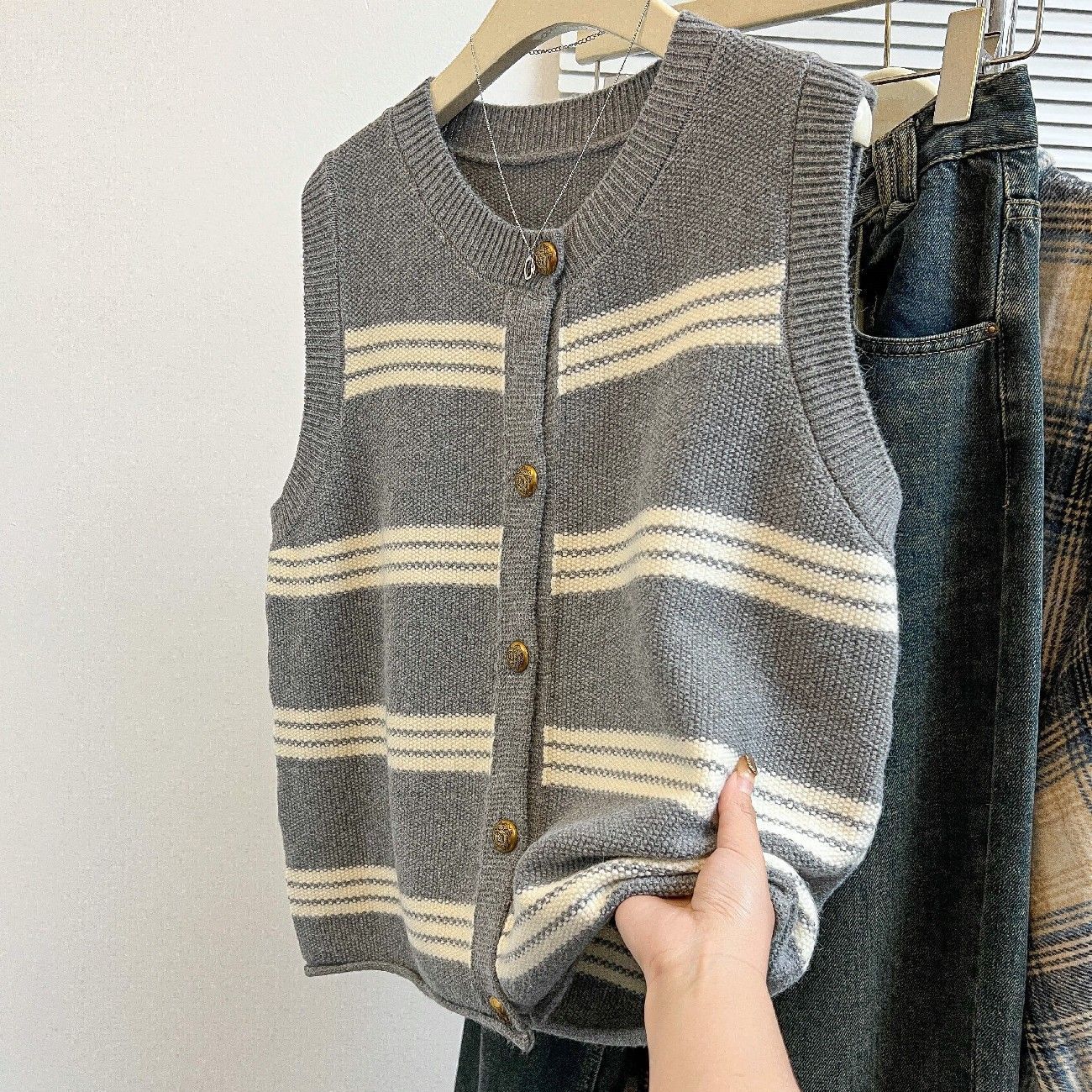 

WTEMPO Женский полосатый вязаный жилет весна и осень свитер камзол жилет осень и зима 2XL