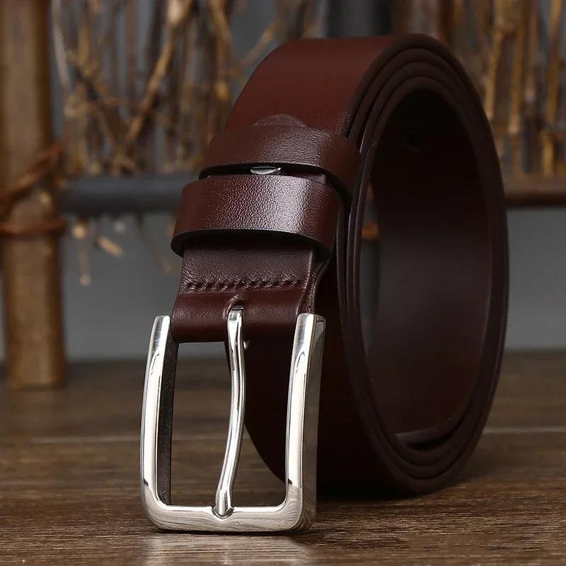 3.3CM Pure Cowhide Genuine Leather for Men's High Quality Jeans Pin Buckle Business Belts Cowboy Waistband Male Fashion Designer