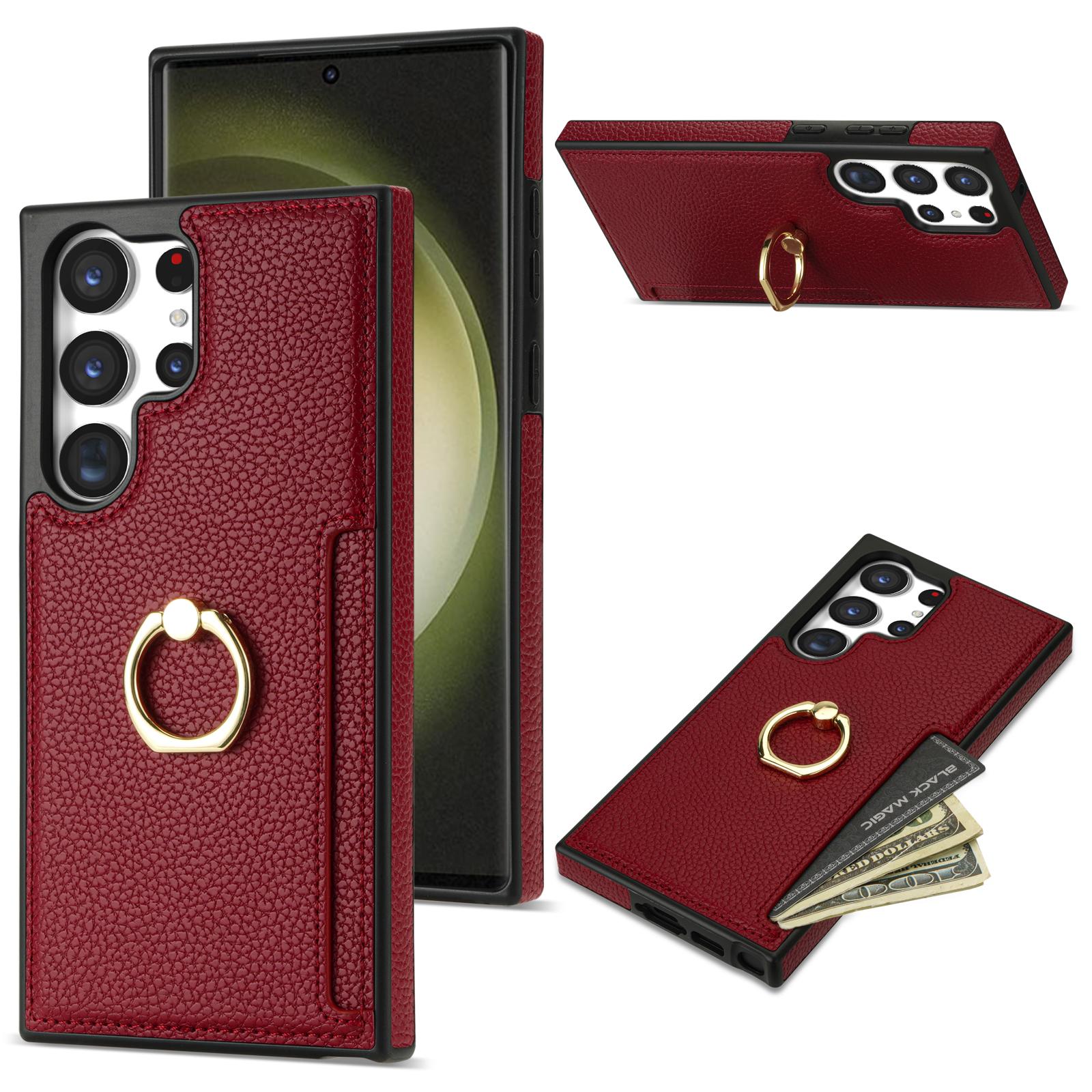 

For Samsung Galaxy S24 Ultra Cell Phone Case PU Leather+TPU Ring Kickstand Cover Red