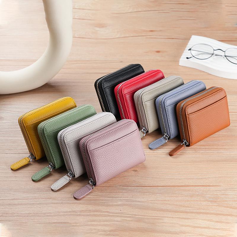 Women's Genuine Leather Zipper Card Holder - Anti-Demagnetization Multi-Slot Accordion Style