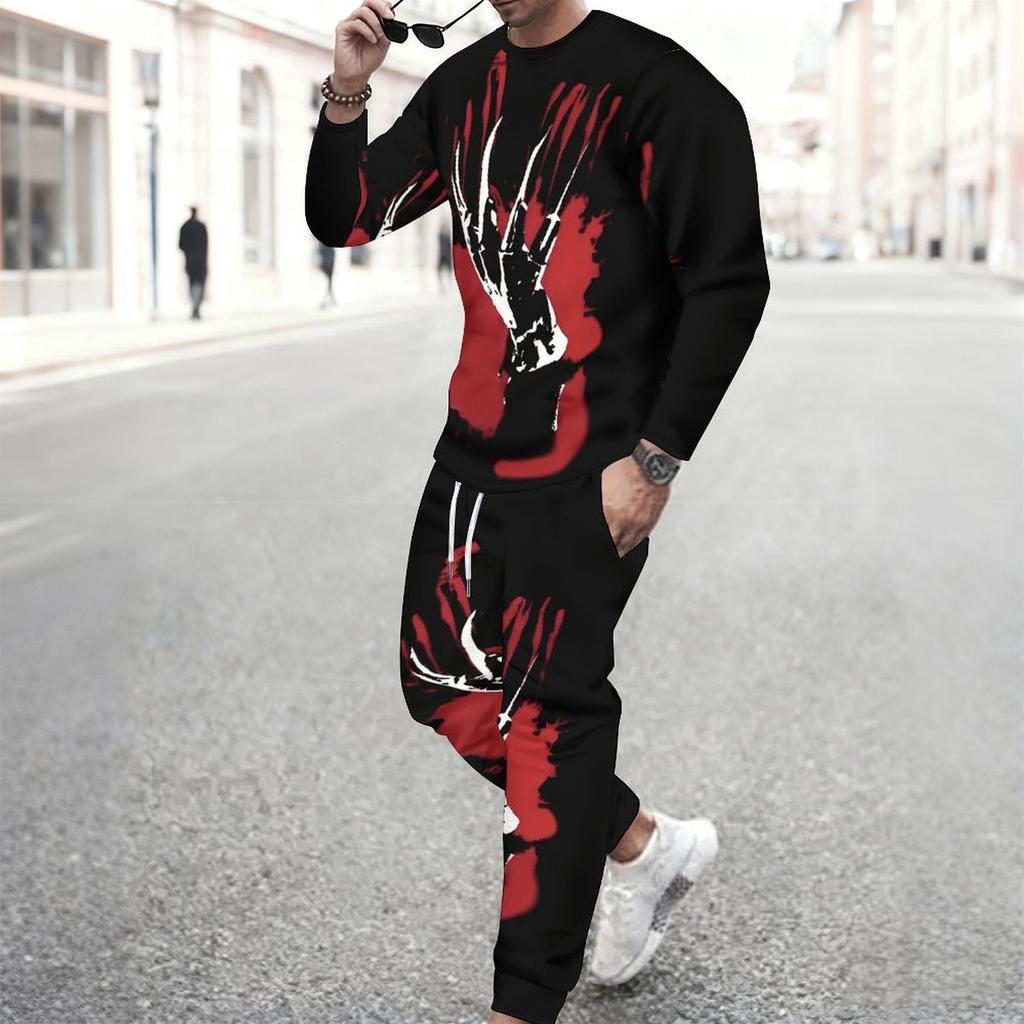 Men Vintage Green Background Skull Blue Butterfly Leaf Print Long Sleeve Sweatshirt Jogger Pants Two Piece Suit