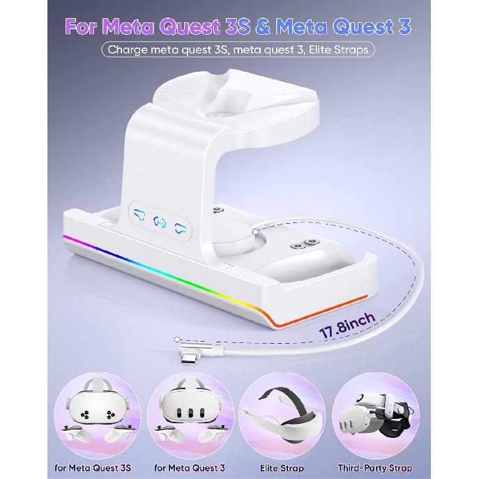 Charging Dock for Meta Quest 3 & Quest 3S, Fast Charging Station for Oculus Quest 3S/Quest 3 Accessories with RGB Light, Stand for VR Heatset with 2