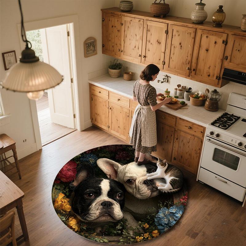 Door Frame Flower Dog,Round Area Rug,Carpet Rug for Living Room Bedroom Sofa Playroom Decor,Non-slip Floor Mat