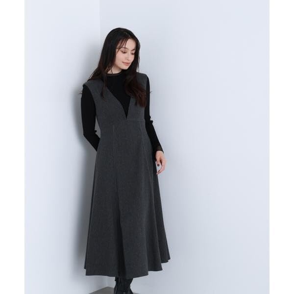 Natural Beauty Basic Nuanced V-Neck Jumper Skirt (Brown/M)