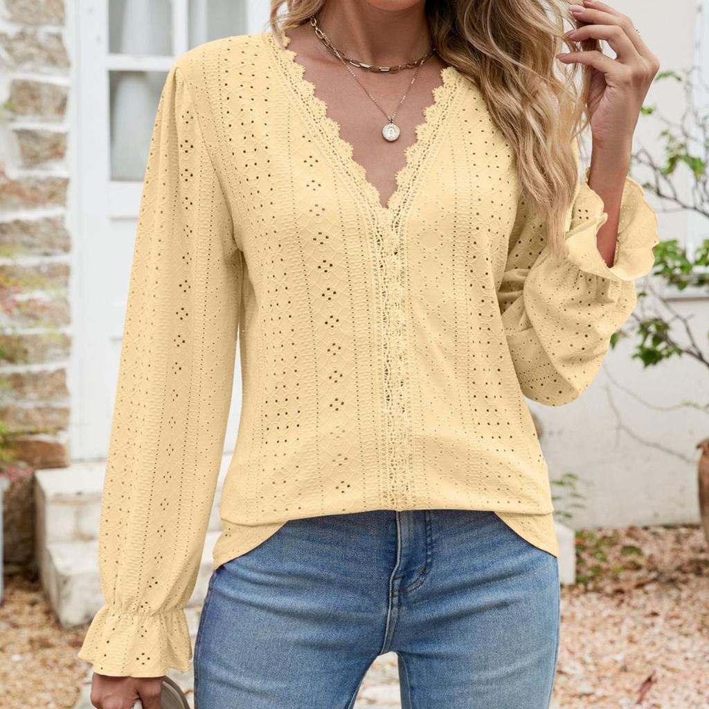 GMXIA Women's Fashion Casual Summer Spring Solid Color Print Long Sleeve V-Neck Loose Blouses & Shirts