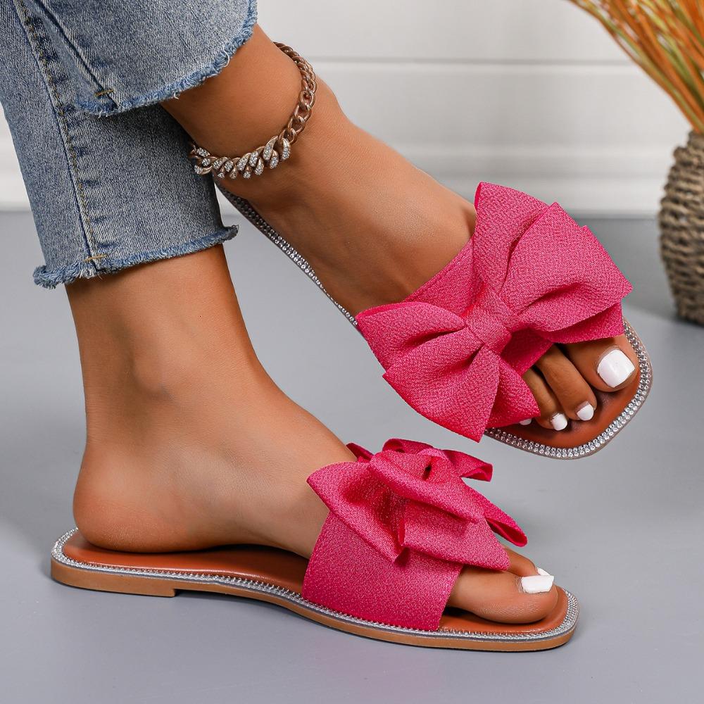Women Flats Slippers Summer Fashion Bow Tie Sandals Shoes for Women Flat Square Toe Casual Beach Slippers Slides for Women