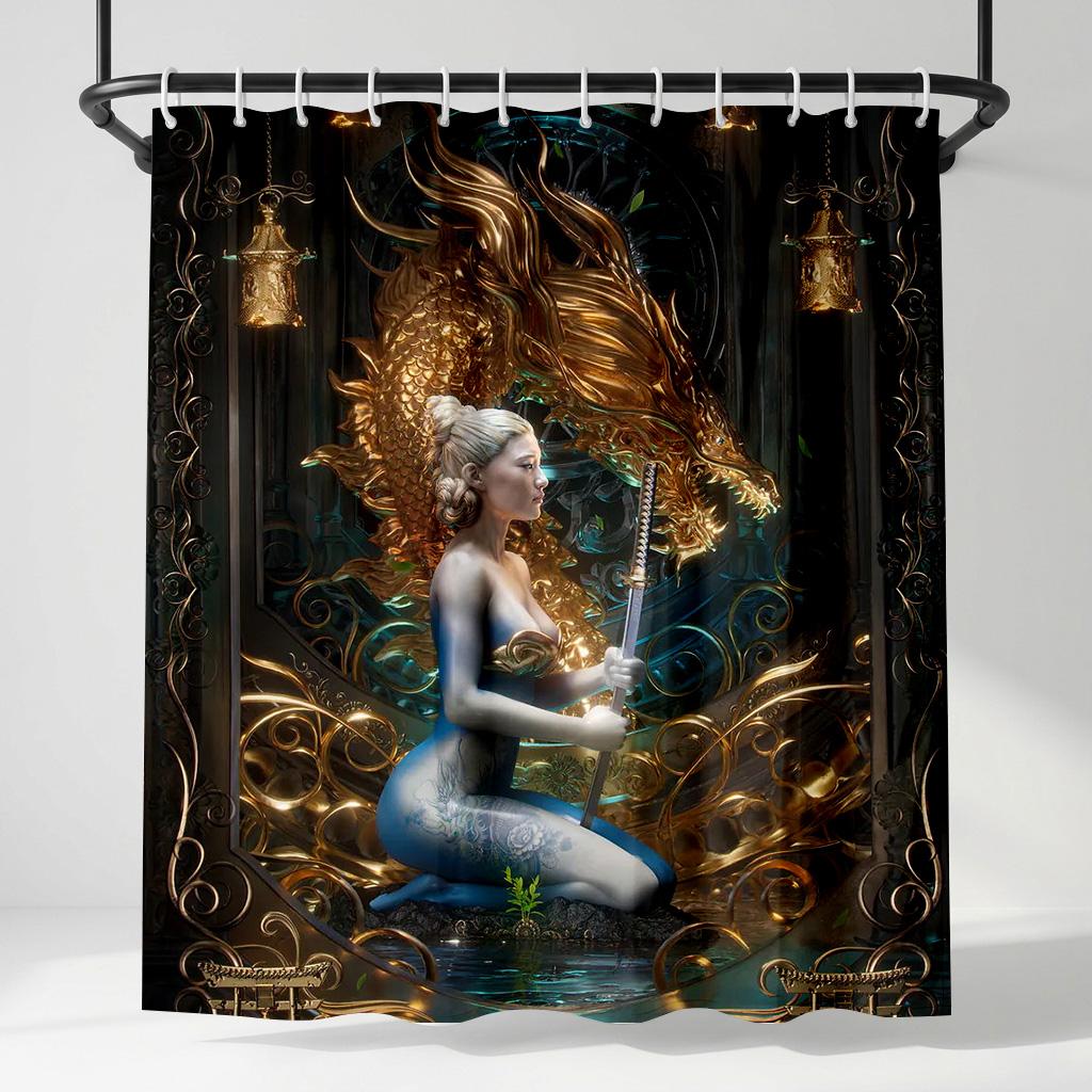 

Golden Dragon Goddess Shower Curtain - Creative Fantasy Warrior Art Design - Indoor Home Bathroom Decor Aesthetic Bath Curtain W60H190(CM)-1 Pcs