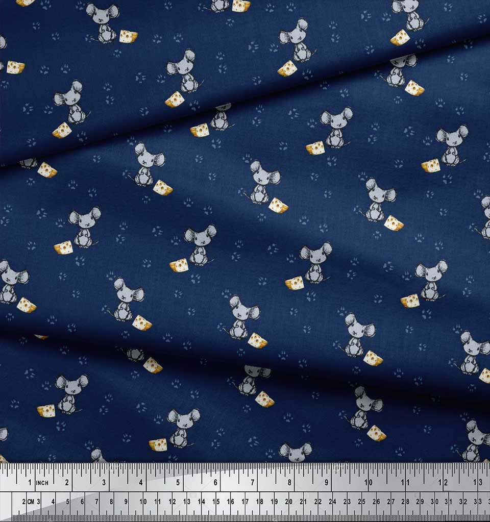 Soimoi Japan Crepe Satin Fabric Footprint,Cheese & Rat Kids Print Fabric by Metre 42 Inch