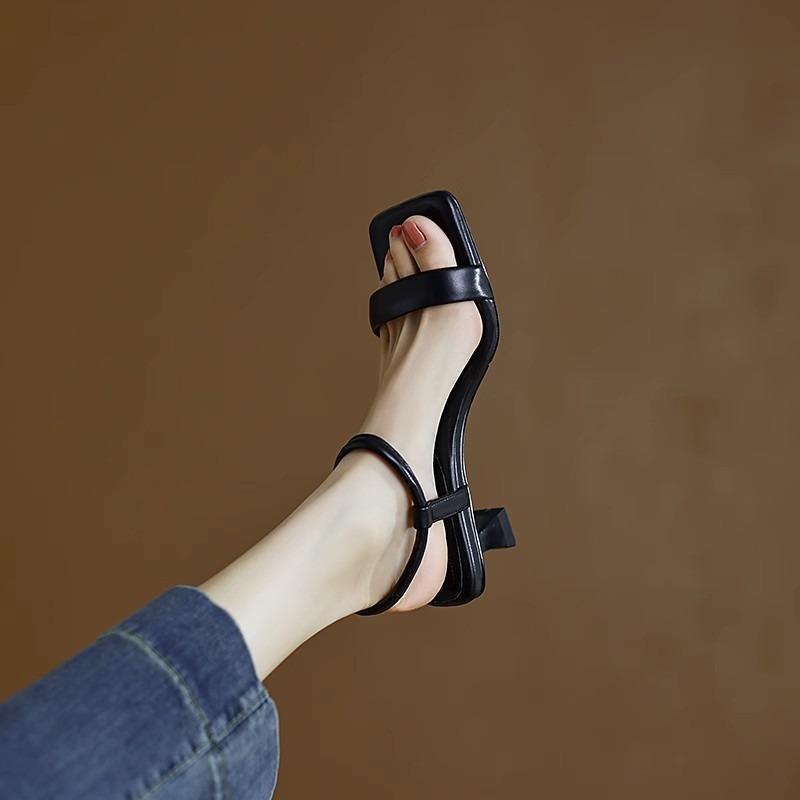 Fashion 2024 New Leather Shoes Women Retro Square Toe Women Sandals Fashion High Heel Sandal Women Women's Sandals