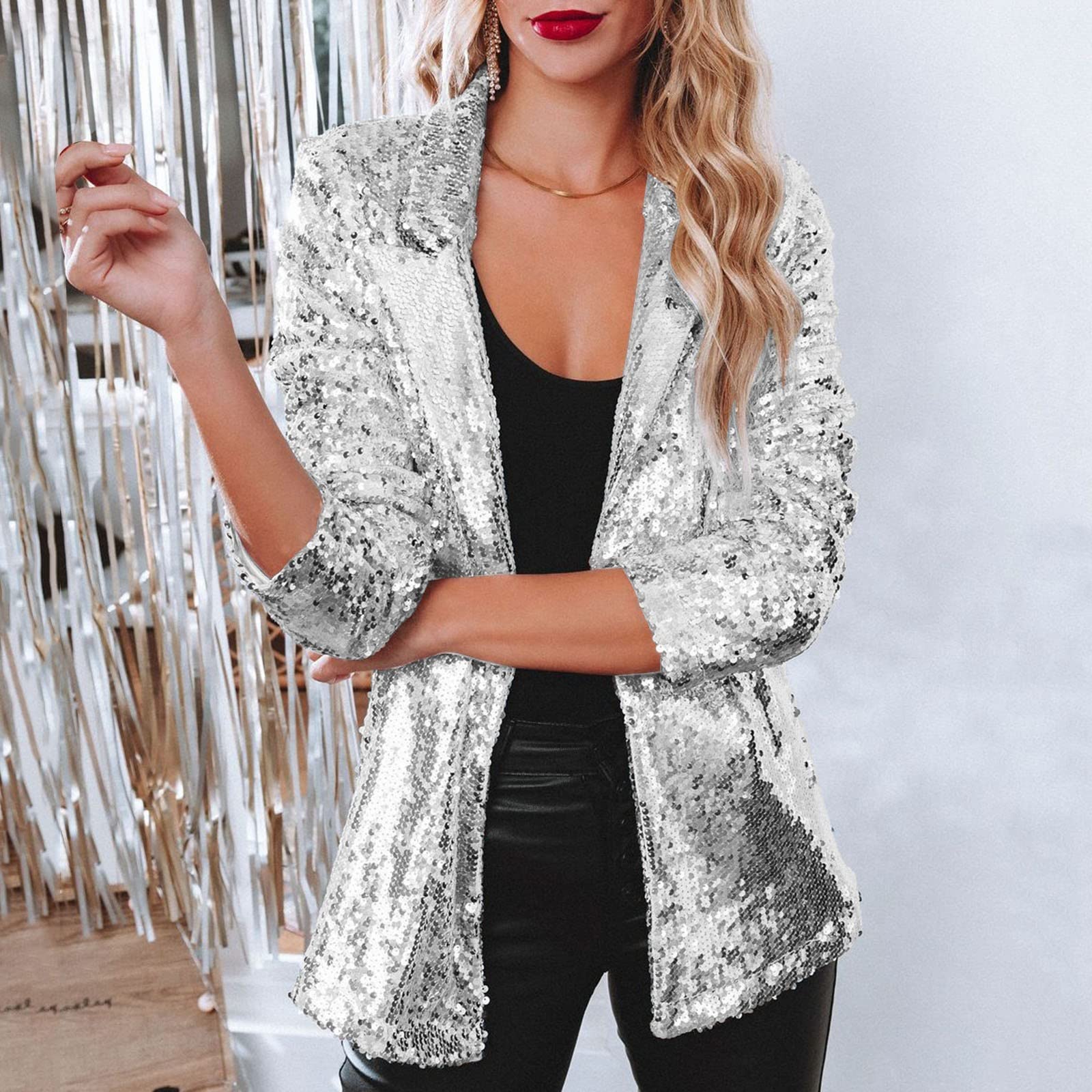 

Stylish Women s Cardigan, Loose-fitting Long-sleeved Casual Sequined Jacket For Women. XL срібний