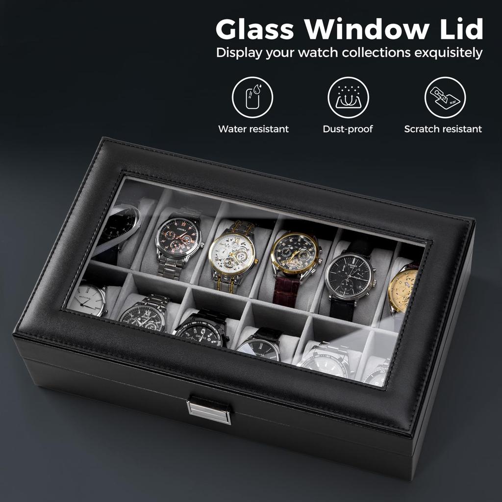ProCase Watch Box for 12 Slots Watch Watch Storage Watch Holder Organizer for Watch Display Case with Glass Lid Men, Men's Case, Men,