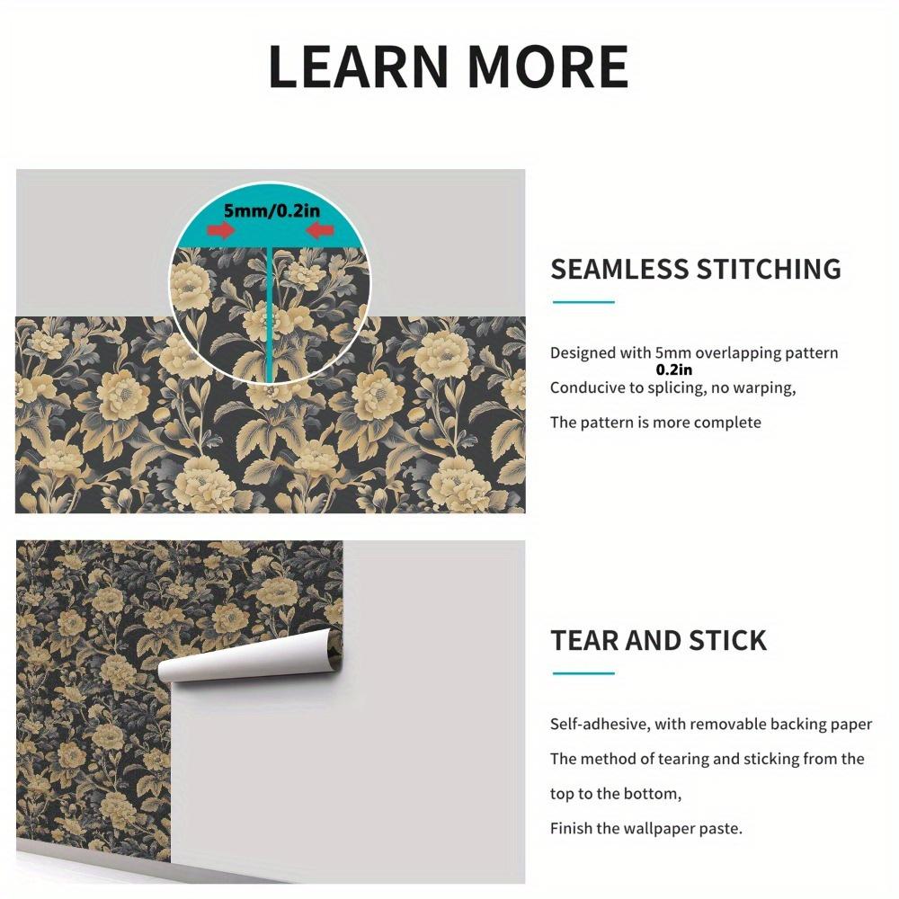 1 Stück Tapete mit goldenen Blumen auf schwarzem Hintergrund, selbstklebend, Boho-Wandaufkleber, entfernbar, zum Abziehen und Aufkleben, wasserfest, dekorative Vintage-Blumenaufkleber