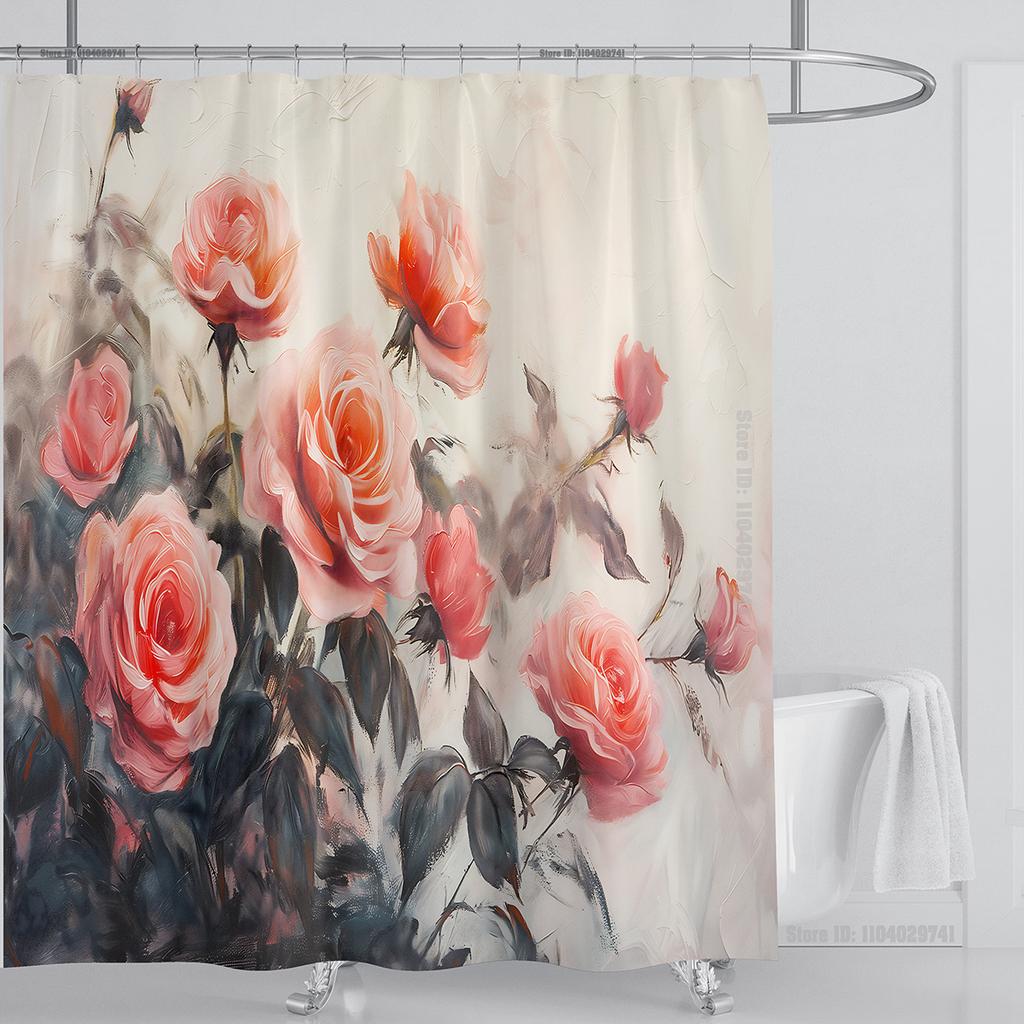 Rose Flower Shower Curtain Waterproof Shower Curtain Polyester Fabric 3D Printed Curtain Bathroom Decoration With Hook