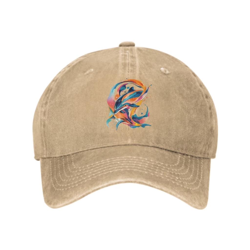 Artistic Dolphin Baseball Cap Washed Cotton Adjustable Casual Outdoor Trucker Hat