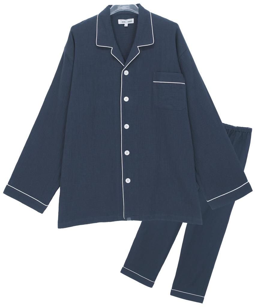 ON NISHIKI Long Sleeve Top and Bottom Double with Long Pants Men's Pajamas, 100% Cotton, Front-Opening, Set, Spring/Autumn, Gauze, Skin-Friendly,