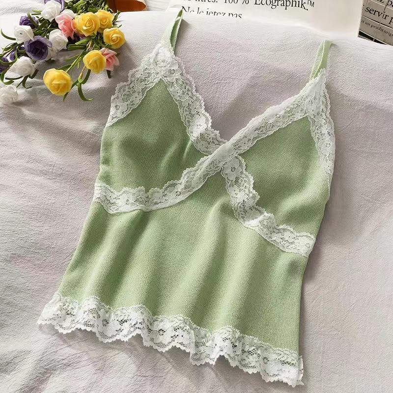 Women Summer 2025 Lace Fashion Tank Top Female Korean Style V Neck Sleeveless Sexy Blouse Cropped Knitwear