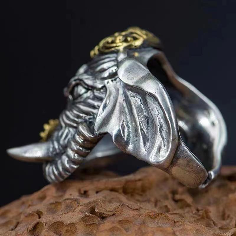 Adjustable Open Ring Men Women Vintage Elephant Motif Geometric Plated Statement