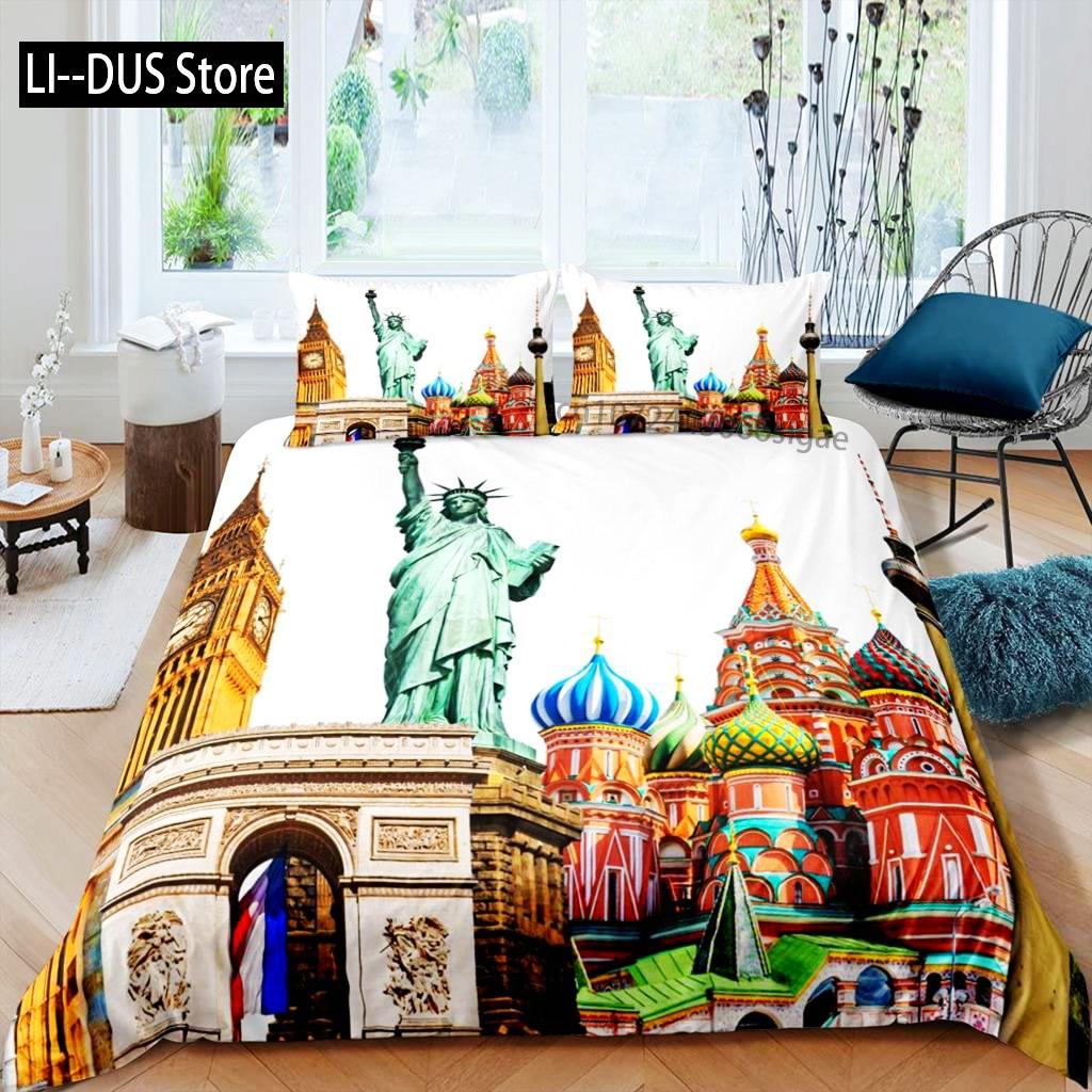 Freiheitsstatue Bettbezug-Set Weltberühmtes Gebäude Bettwäsche-Set für Jungen Mädchen Mikrofaser New York Wahrzeichen Bettdeckenbezug