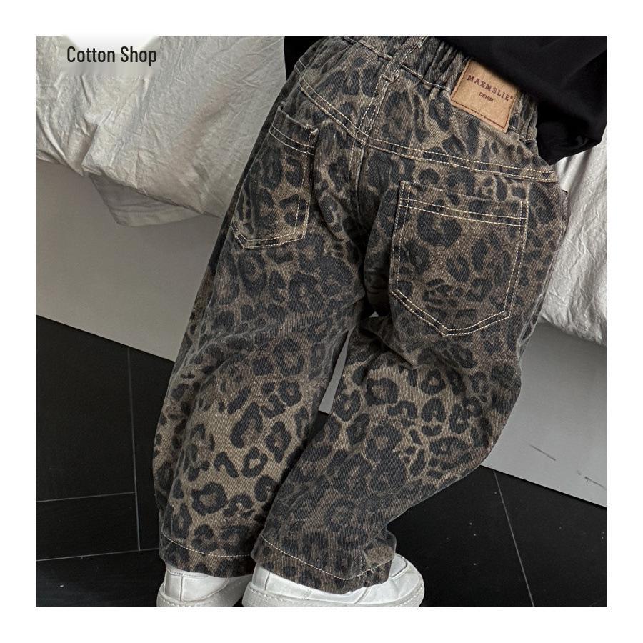 Chlapecké džíny s leopardím potiskem - Podzimní ležérní kalhoty pro děti v korejském stylu