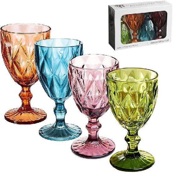 Vintage Wine Glasses Set of 4, Plastic Reusable 12 Ounce Colored Water Goblets, Unique Embossed Pattern Unbreakable Stemmed Wine Glasses, High Clear