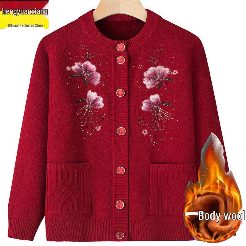 Plus Size Velvet Thickened Sweater Coat for Women & Grandmothers (73-83 Years) - Button Cardigan