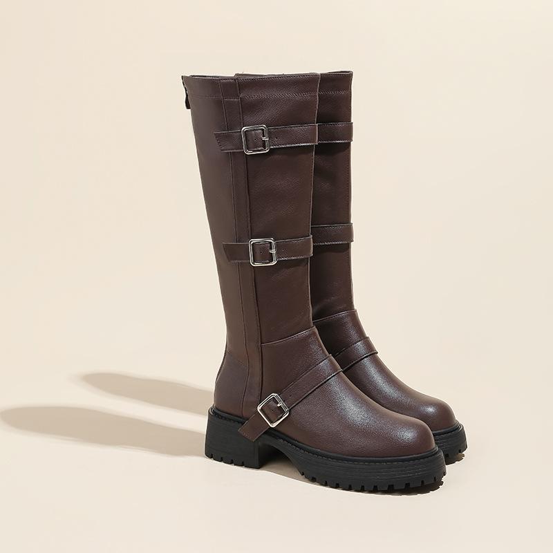 

Узкие сапоги детские 2025 осень и зима популярные квадратная пряжка круглый носок толстый каблук сапоги-рыцари ретро западный стиль сапоги 40 коричневый