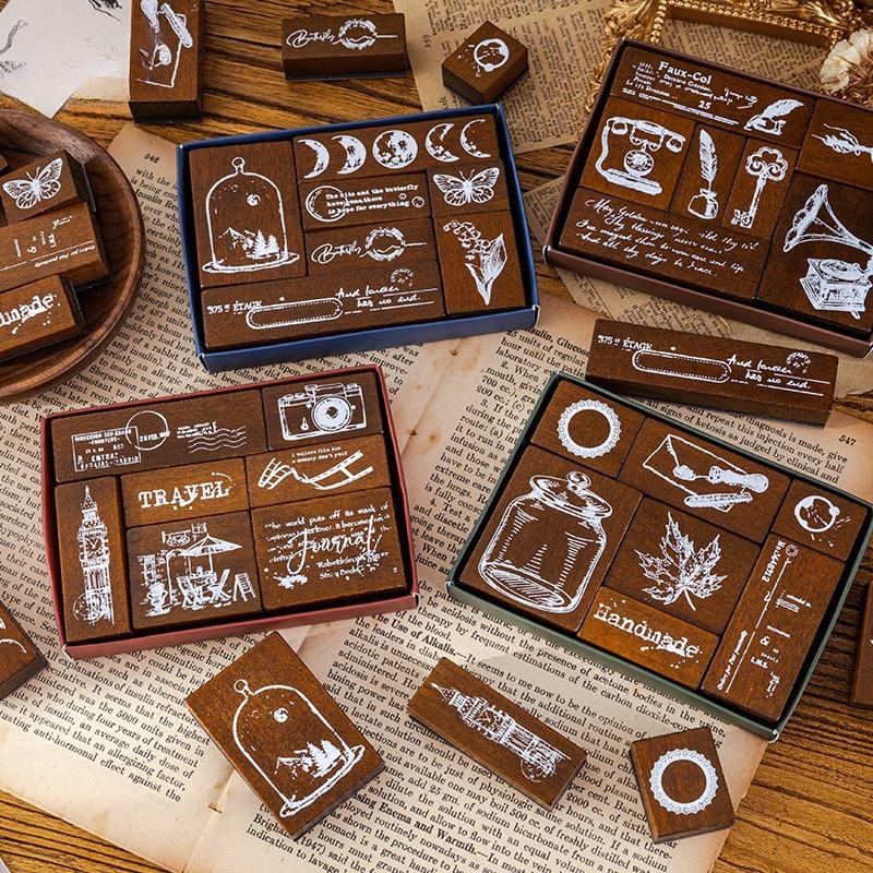 7pcs Wooden Seal Set Clear Carved Three-dimensional Pattern Calligraphy Painting Art DIY Handbook Decoration Personalized Gifts